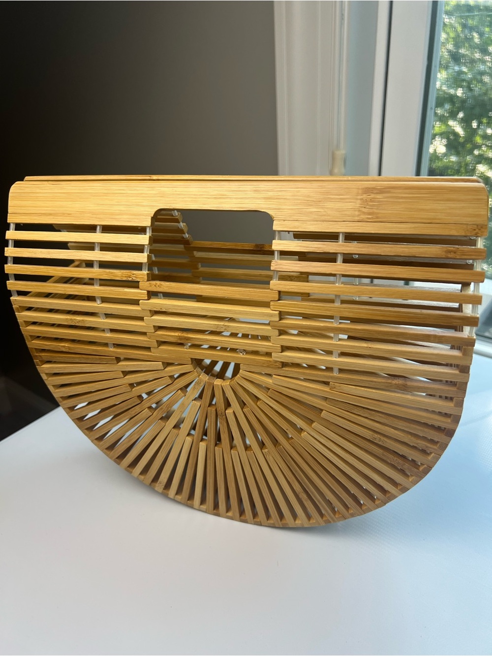 BAMBOO Semi-Circle Slatted Bamboo Clutch - Natural Tan